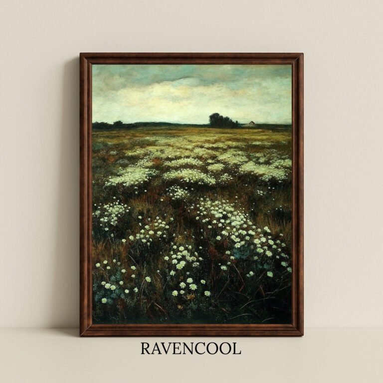 Enchanting Meadow Whisper Floral painting of a wildflower field, rustic countryside digital wall art.