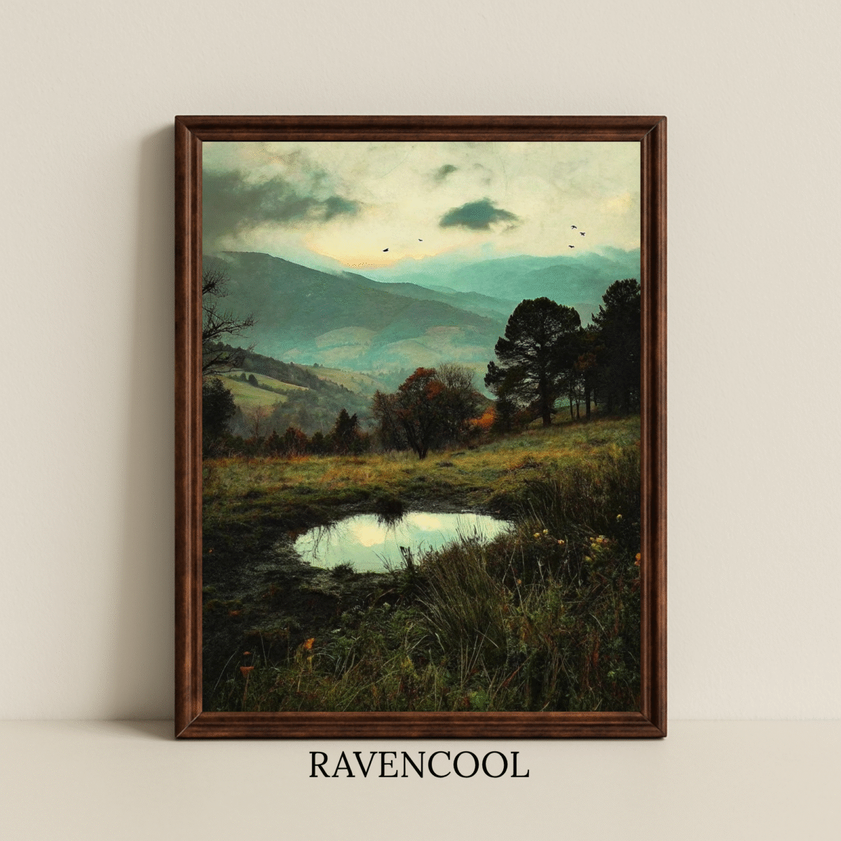 Echoes of the Meadow rustic mountain landscape with reflective pond and dramatic sky