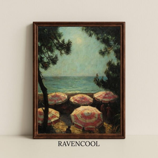 Tranquil Peaceful Woodland Scenery painting of a seaside view with parasols and trees, vintage-style wall art.