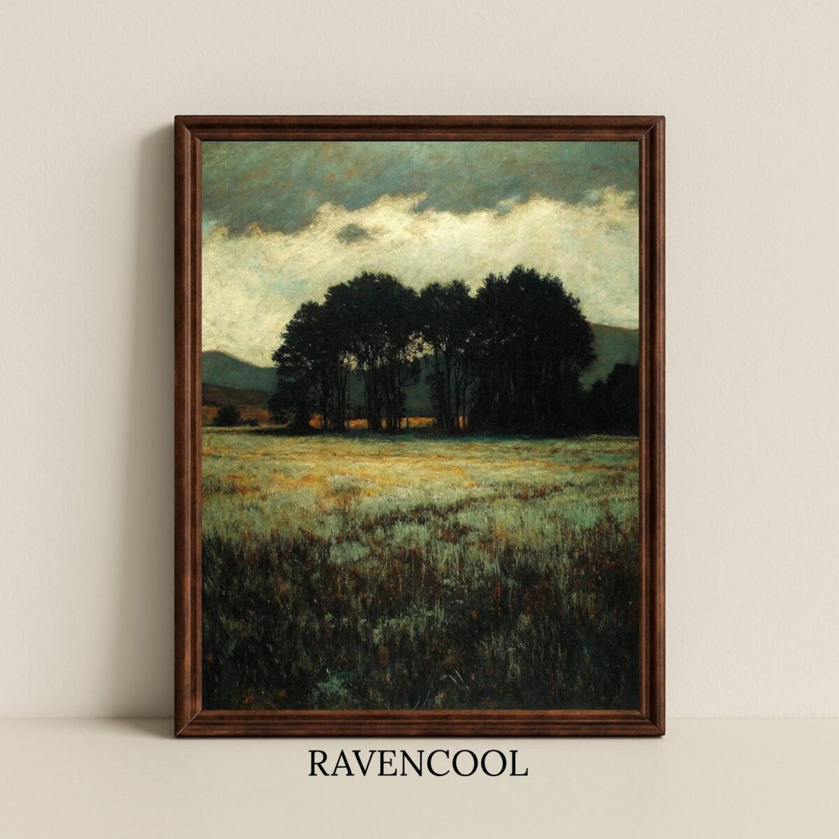 Silent Gathering canvas wall art featuring a moody landscape with trees under a dramatic sky.