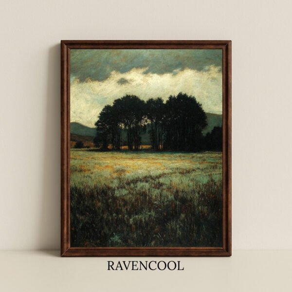 Silent Gathering canvas wall art featuring a moody landscape with trees under a dramatic sky.