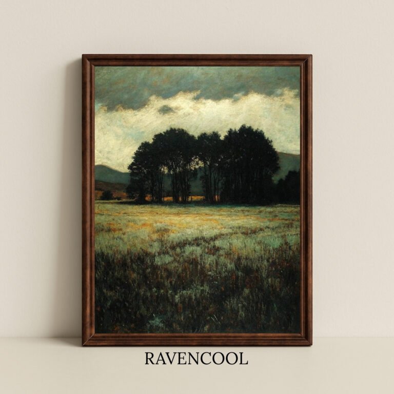 Silent Gathering canvas wall art featuring a moody landscape with trees under a dramatic sky.