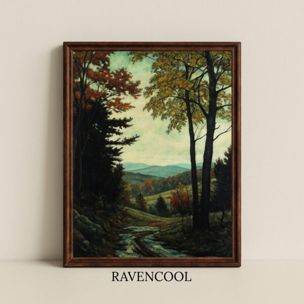 Silent Road Canvas Wall Art featuring an autumn forest path with mountain views in the background.