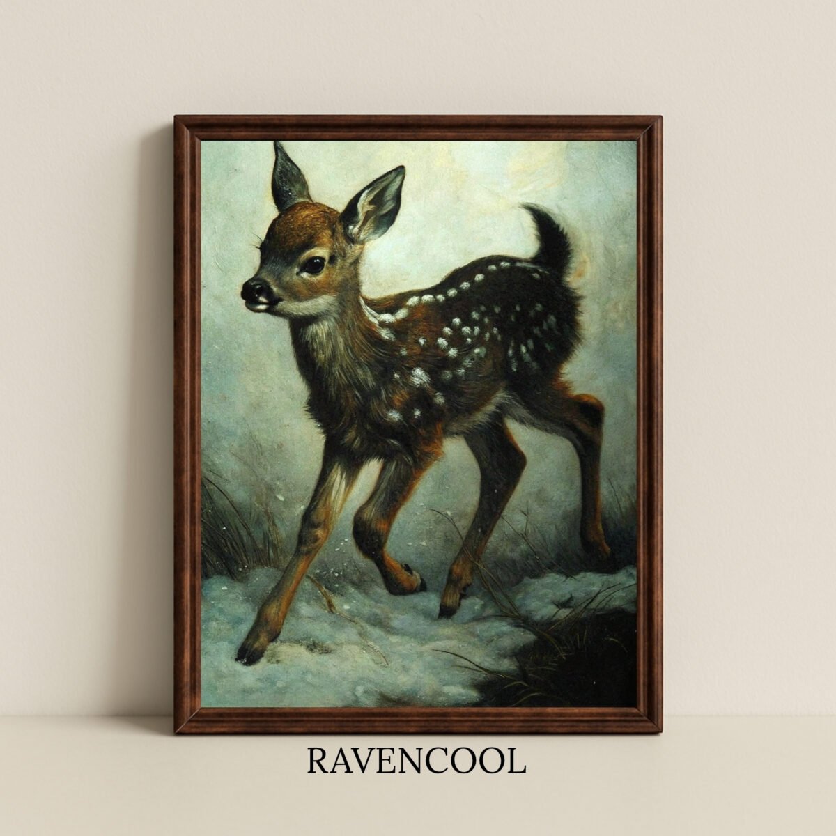 Charming Spotted Grace painting of a young deer in the snow, rustic woodland digital wall art.