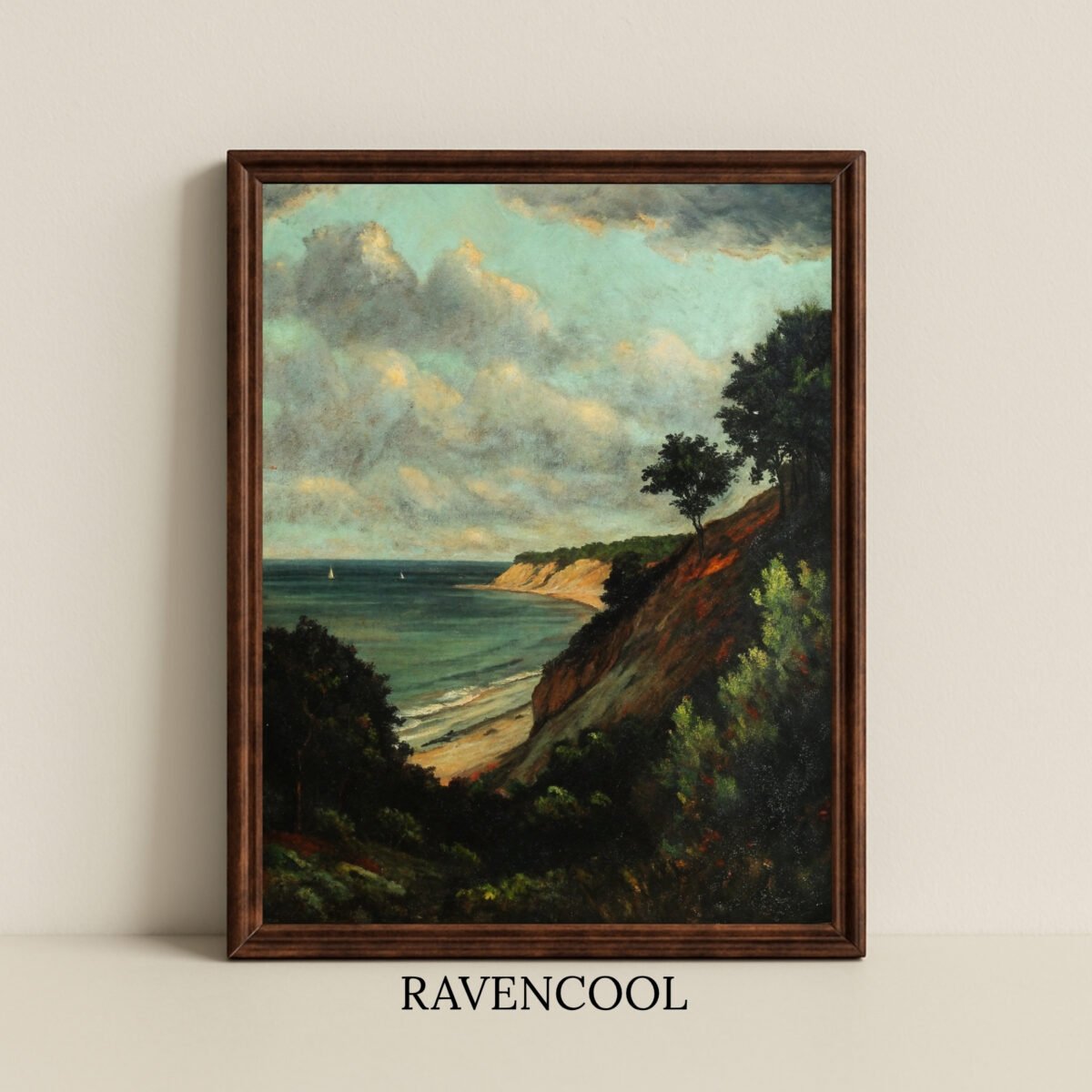 Coastal Cliff Seascape Wall Art Print, Botanical Floral Wall Decor for Living Room Coastal cliff seascape with ocean waves and sailboats, printable oil painting wall art, digital nautical decor.