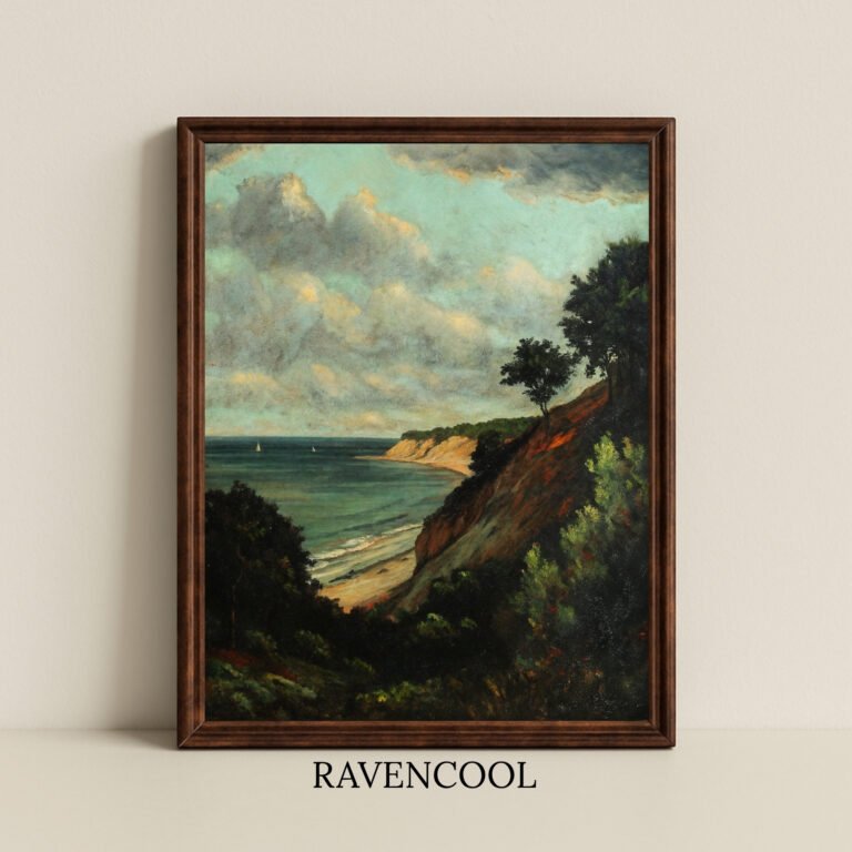 Coastal Cliff Seascape Wall Art Print, Botanical Floral Wall Decor for Living Room Coastal cliff seascape with ocean waves and sailboats, printable oil painting wall art, digital nautical decor.