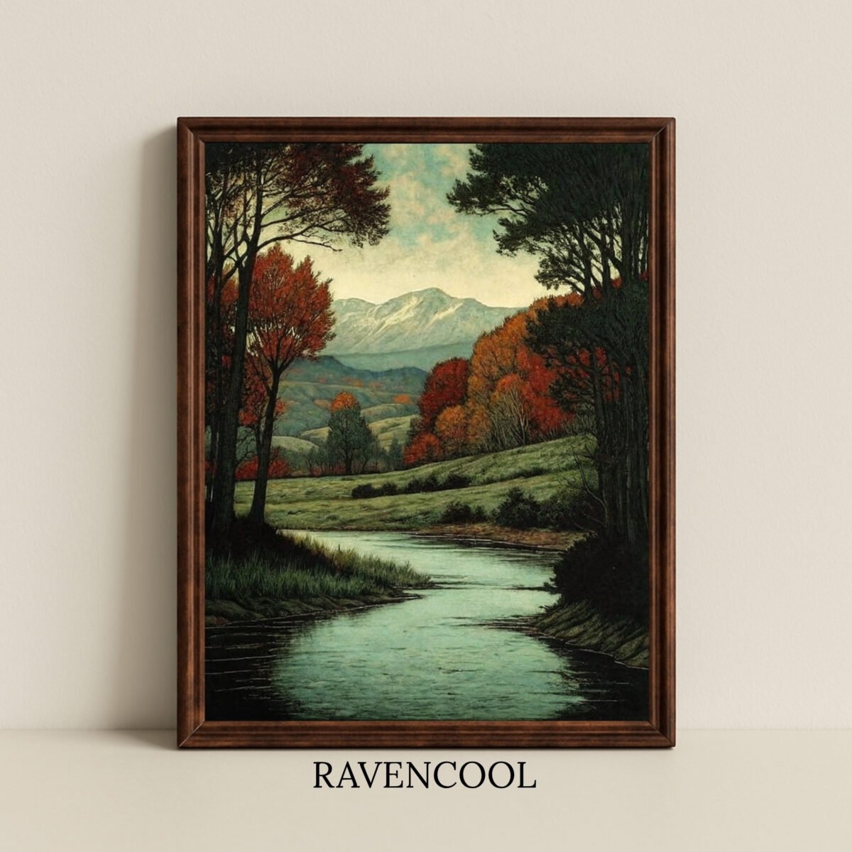 Crimson Valley Vintage autumn mountain landscape with vibrant fall trees and river, printable oil painting, rustic nature-inspired decor.