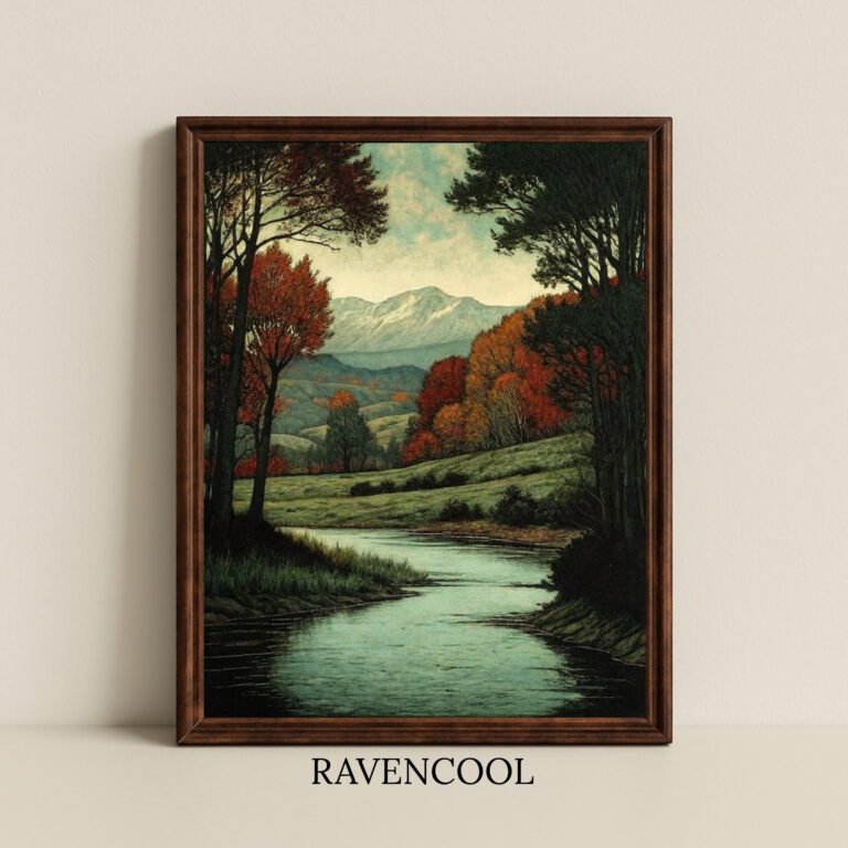 Crimson Valley Vintage autumn mountain landscape with vibrant fall trees and river, printable oil painting, rustic nature-inspired decor.