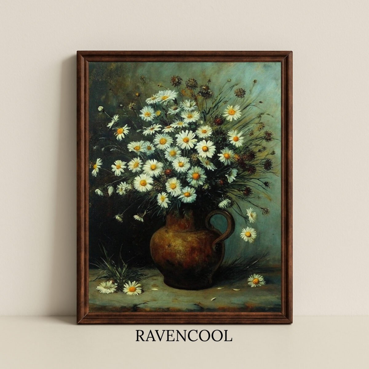 moody flower painting, digital floral print, printable flower painting, vintage floral still life, rustic vase art, daisy flower painting, shabby chic floral print, cottagecore floral art, vintage botanical painting
