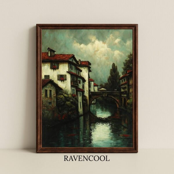 Evening Reflections Old Town Bridge digital art, vintage cityscape oil painting with riverside houses and stone bridge, European decor.