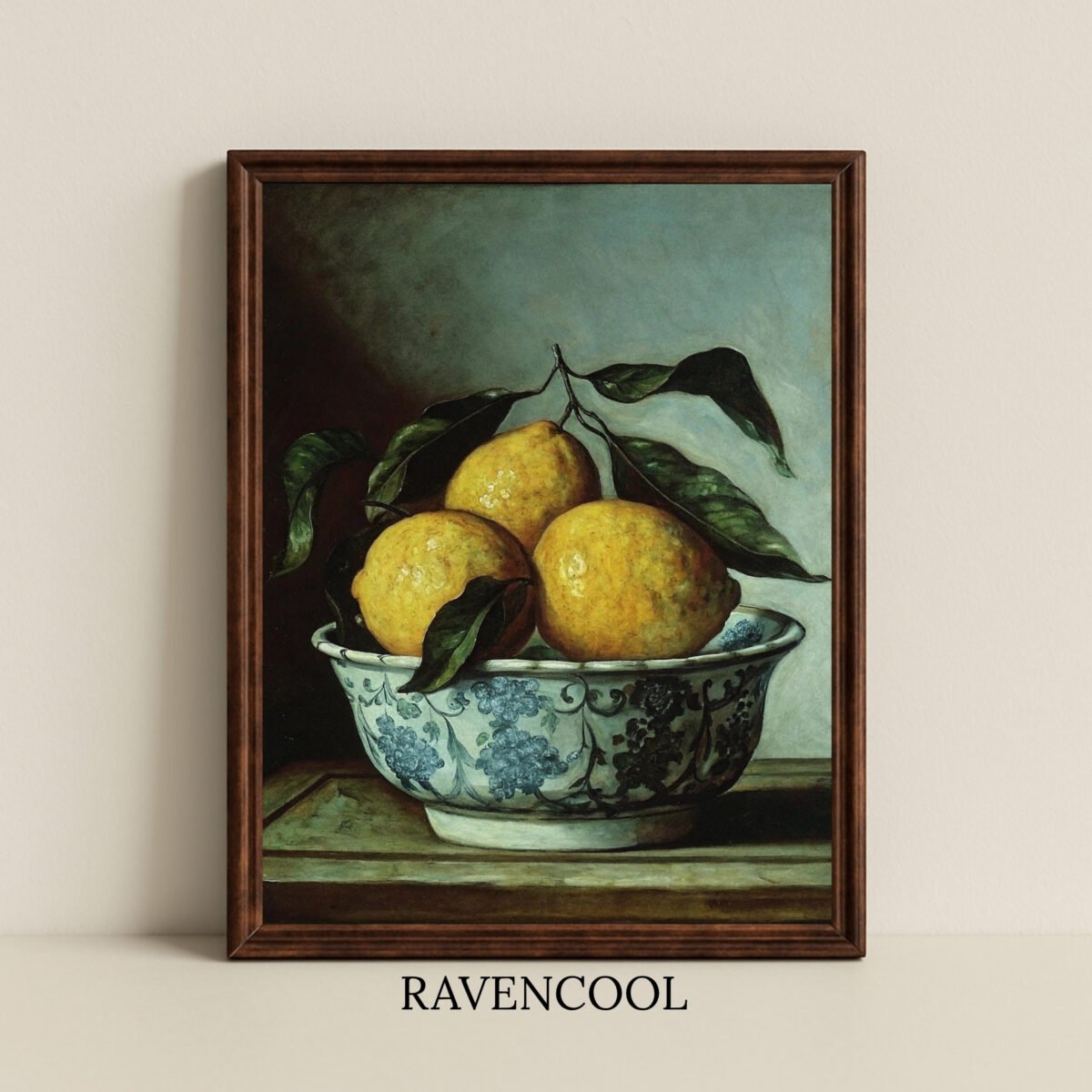 Vibrant Lemon Art Print, vintage still life of lemons in porcelain bowl, rustic kitchen decor.