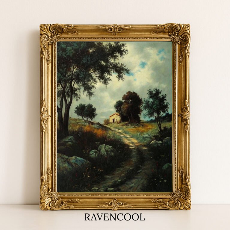Captivating Pathway Home Canvas Wall Art depicting a rustic countryside path leading to a cozy house.