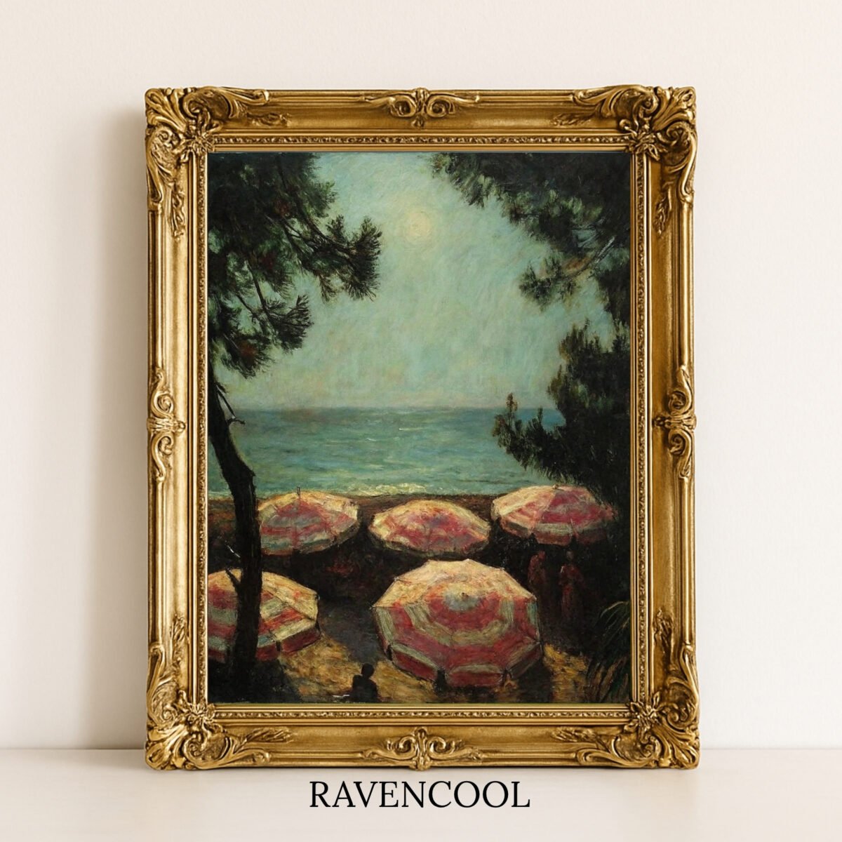 Tranquil Peaceful Woodland Scenery painting of a seaside view with parasols and trees, vintage-style wall art.