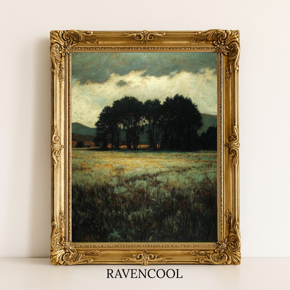 Silent Gathering canvas wall art featuring a moody landscape with trees under a dramatic sky.