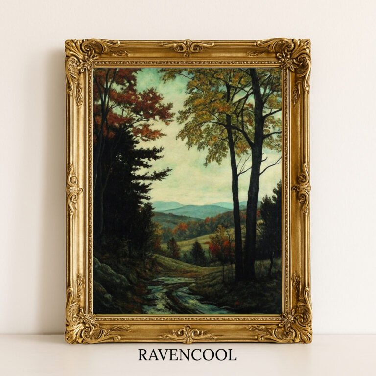 Silent Road Canvas Wall Art featuring an autumn forest path with mountain views in the background.