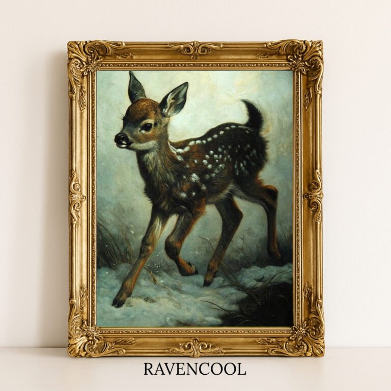 Charming Spotted Grace painting of a young deer in the snow, rustic woodland digital wall art.
