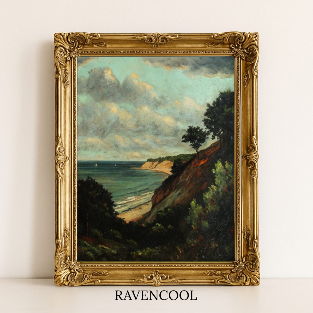 Coastal cliff seascape with ocean waves and sailboats, printable oil painting wall art, digital nautical decor.