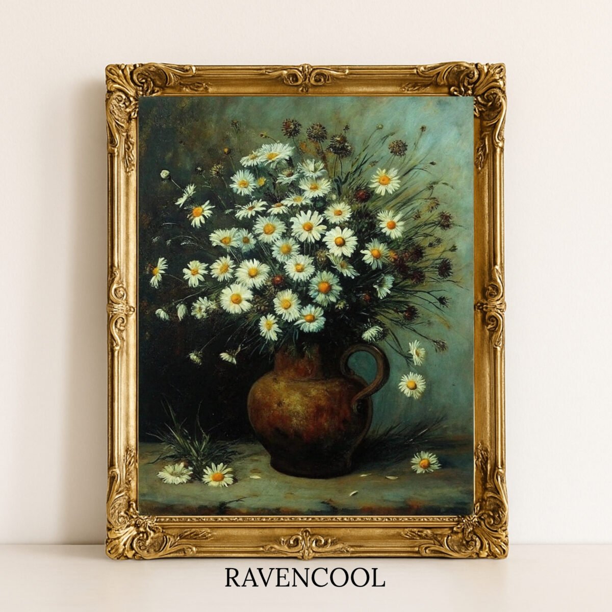 moody flower painting, digital floral print, printable flower painting, vintage floral still life, rustic vase art, daisy flower painting, shabby chic floral print, cottagecore floral art, vintage botanical painting