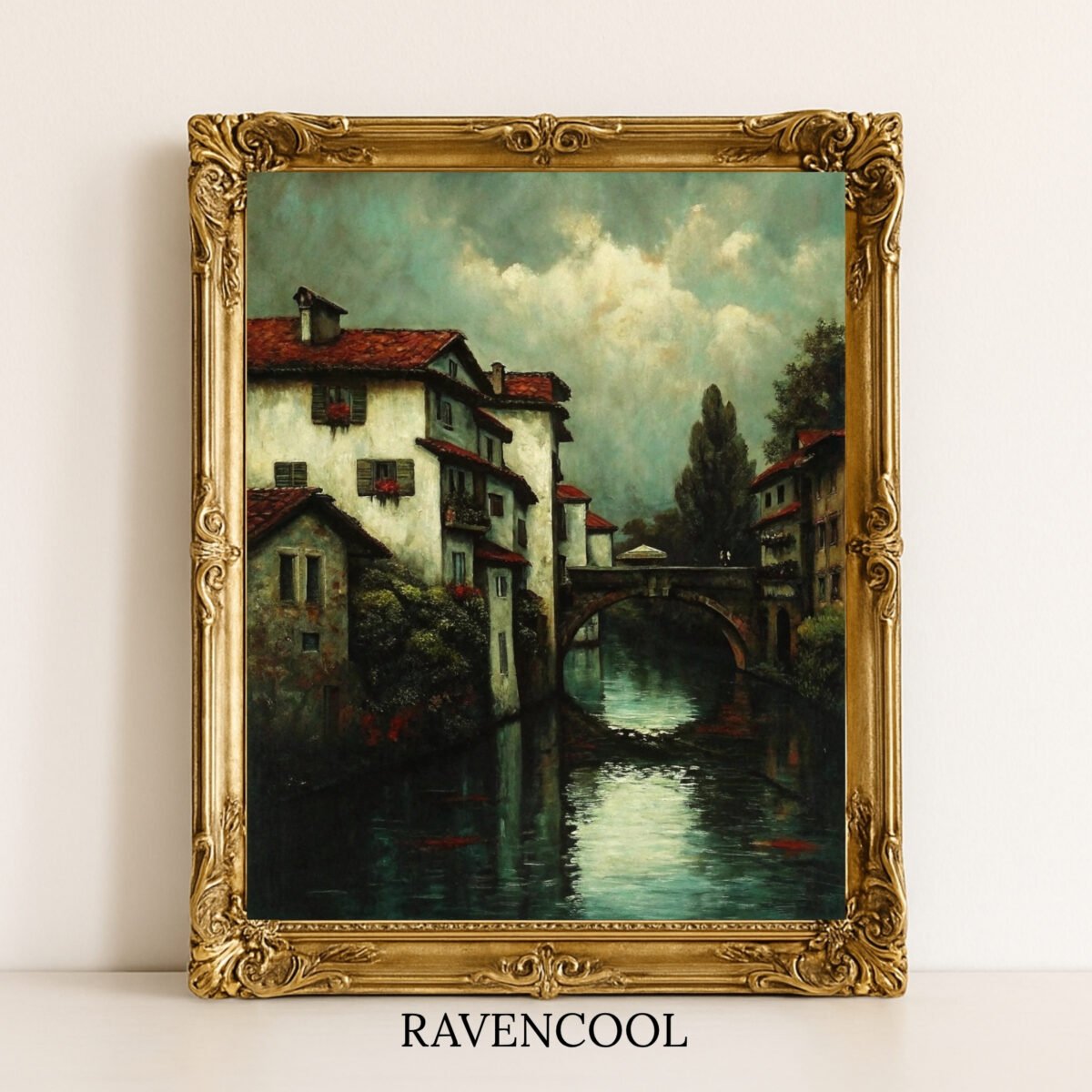 Evening Reflections Old Town Bridge digital art, vintage cityscape oil painting with riverside houses and stone bridge, European decor.