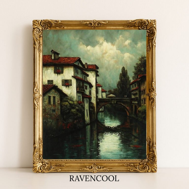 Evening Reflections Old Town Bridge digital art, vintage cityscape oil painting with riverside houses and stone bridge, European decor.
