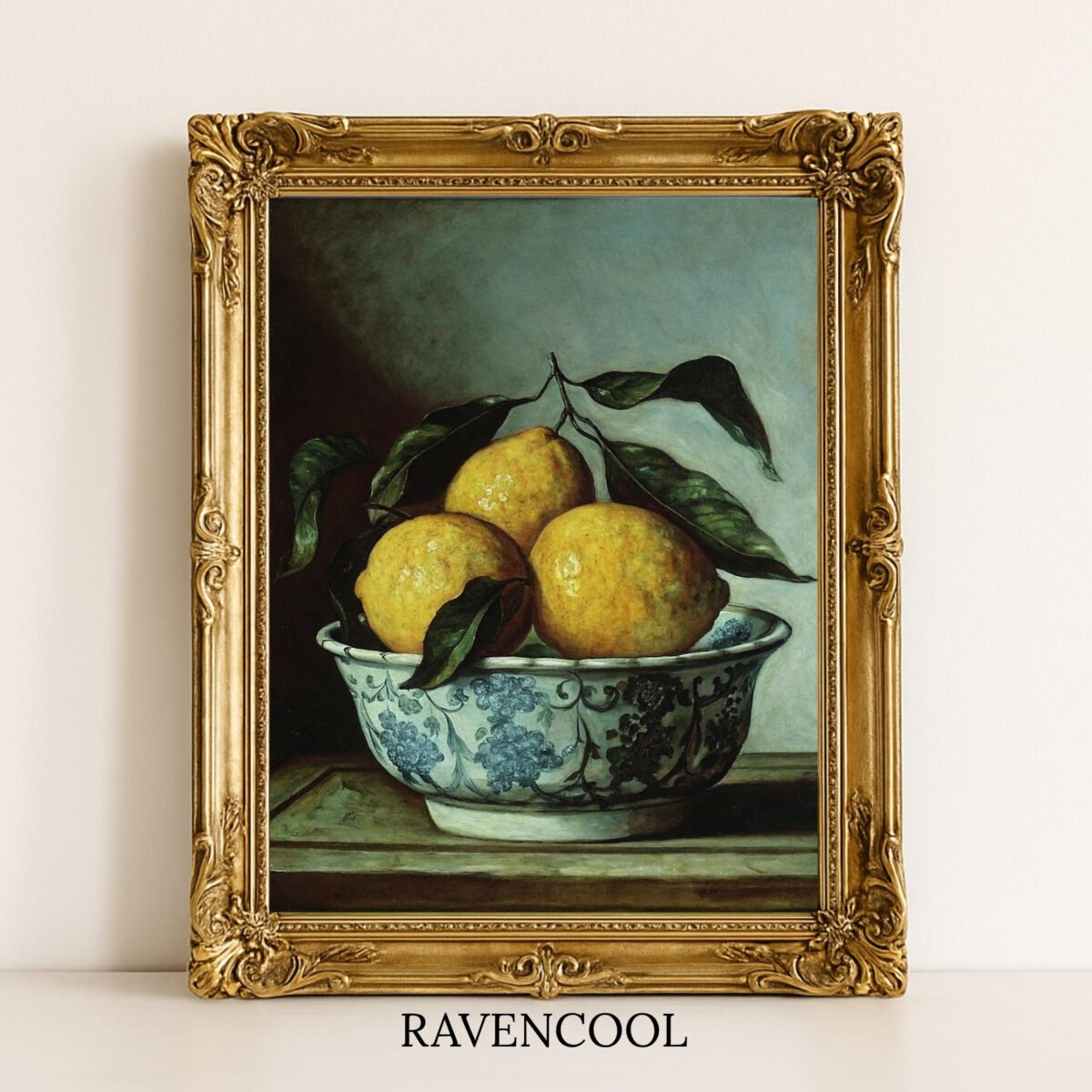 Vibrant Lemon Art Print, vintage still life of lemons in porcelain bowl, rustic kitchen decor.