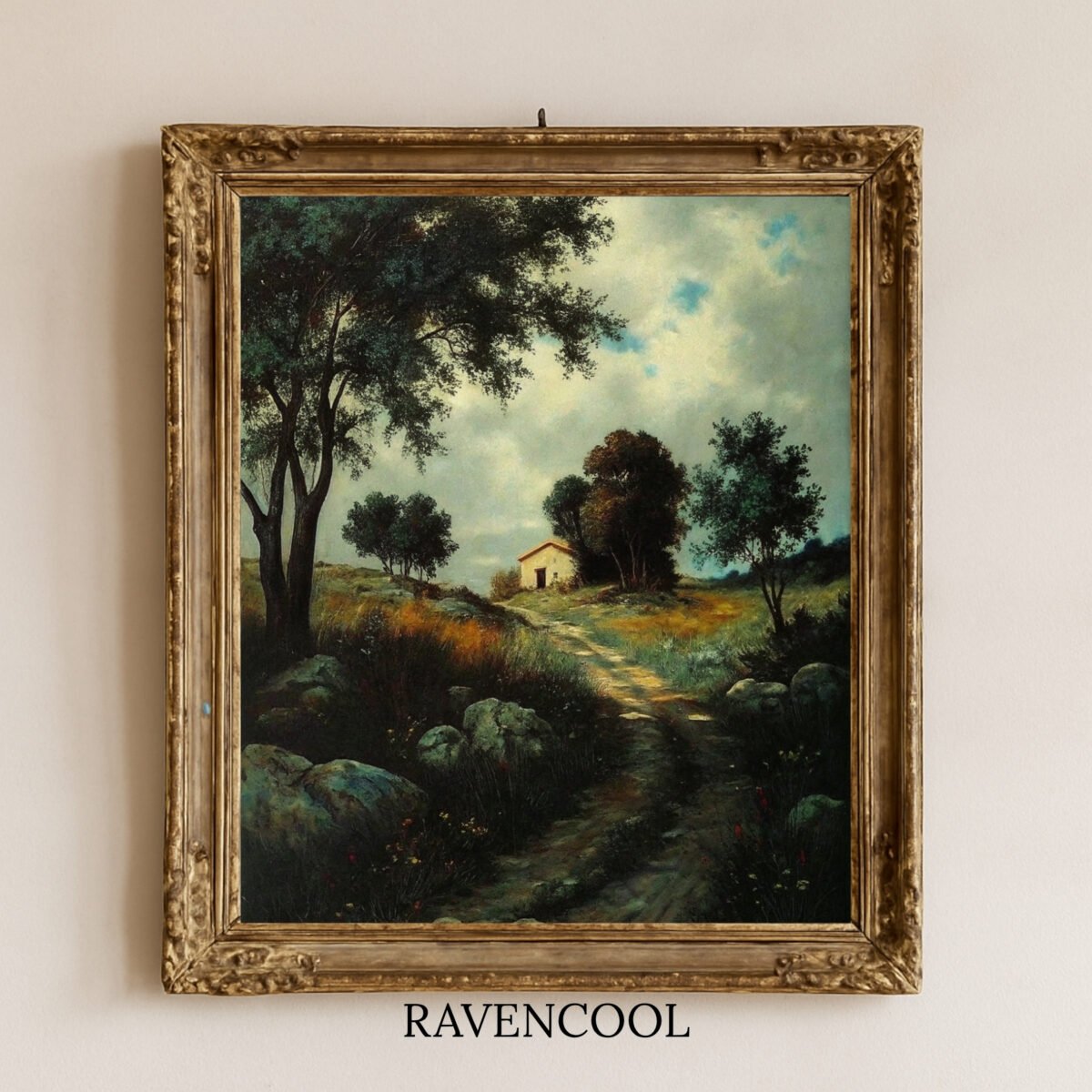 Captivating Pathway Home Canvas Wall Art depicting a rustic countryside path leading to a cozy house.
