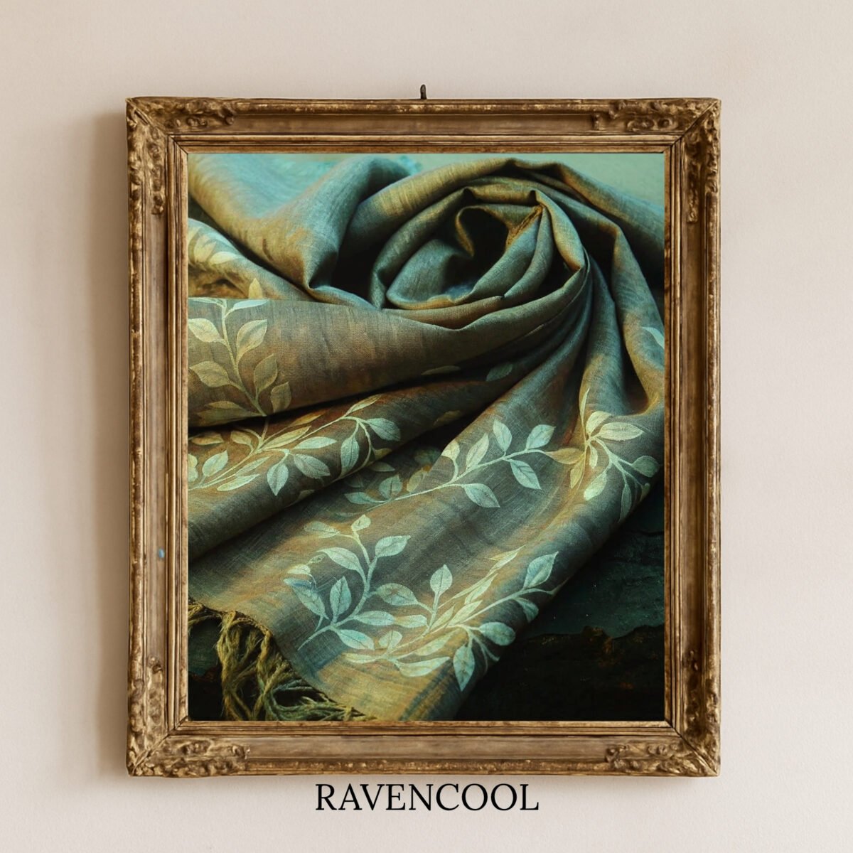 Charming Rustic Elegance Canvas featuring a folded fabric with delicate leaf patterns in earthy tones.