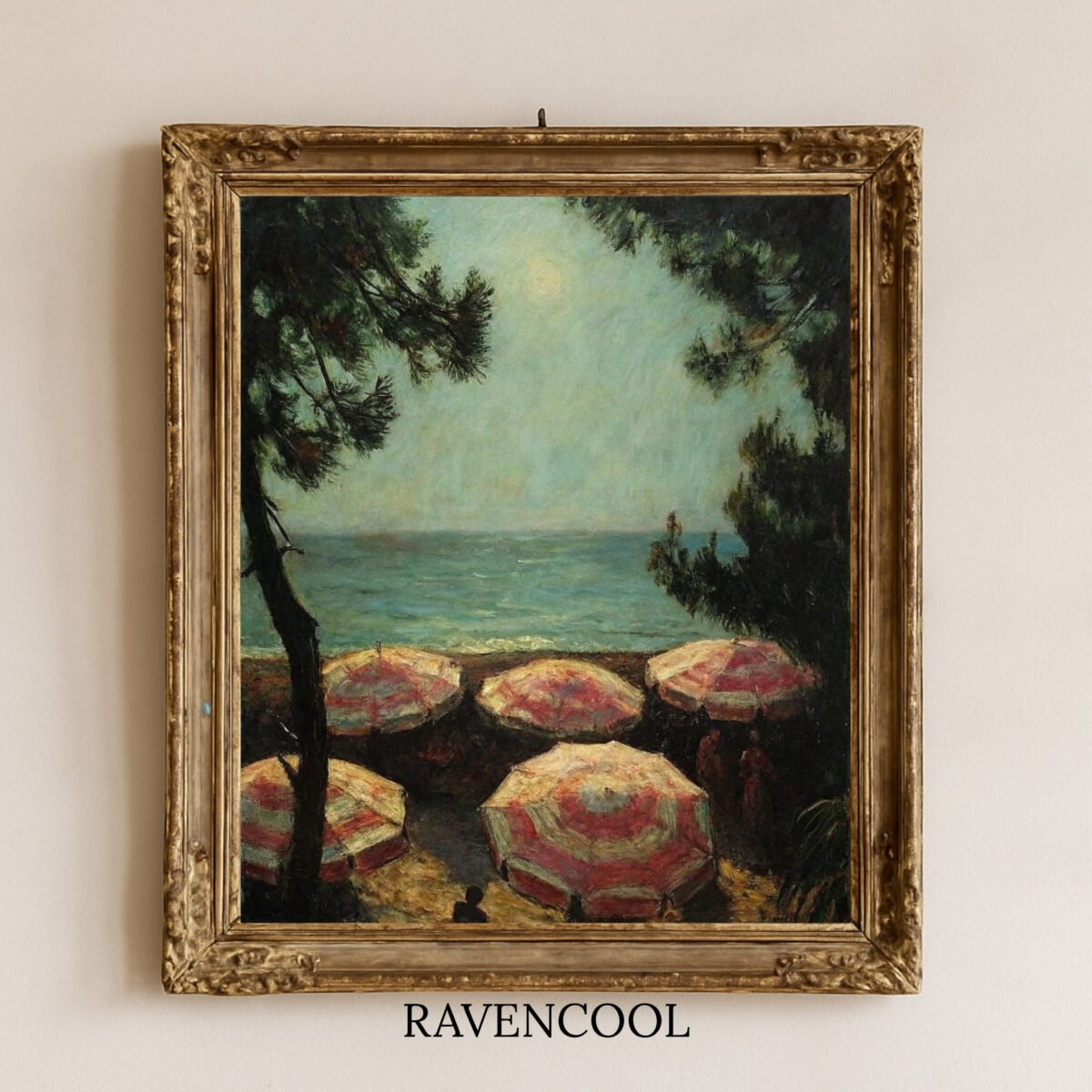 Tranquil Peaceful Woodland Scenery painting of a seaside view with parasols and trees, vintage-style wall art.