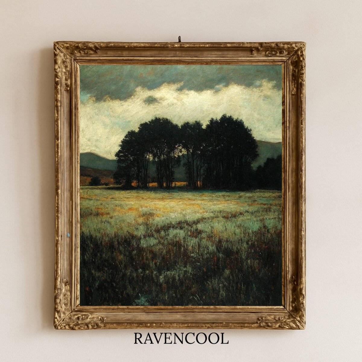 Silent Gathering canvas wall art featuring a moody landscape with trees under a dramatic sky.