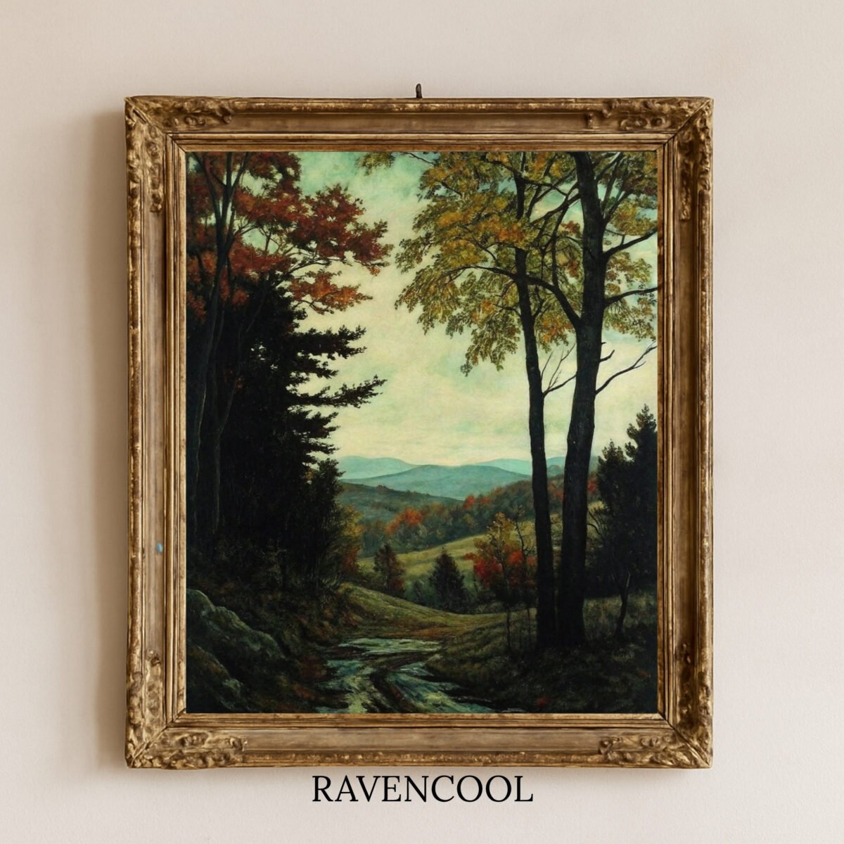 Silent Road Canvas Wall Art featuring an autumn forest path with mountain views in the background.