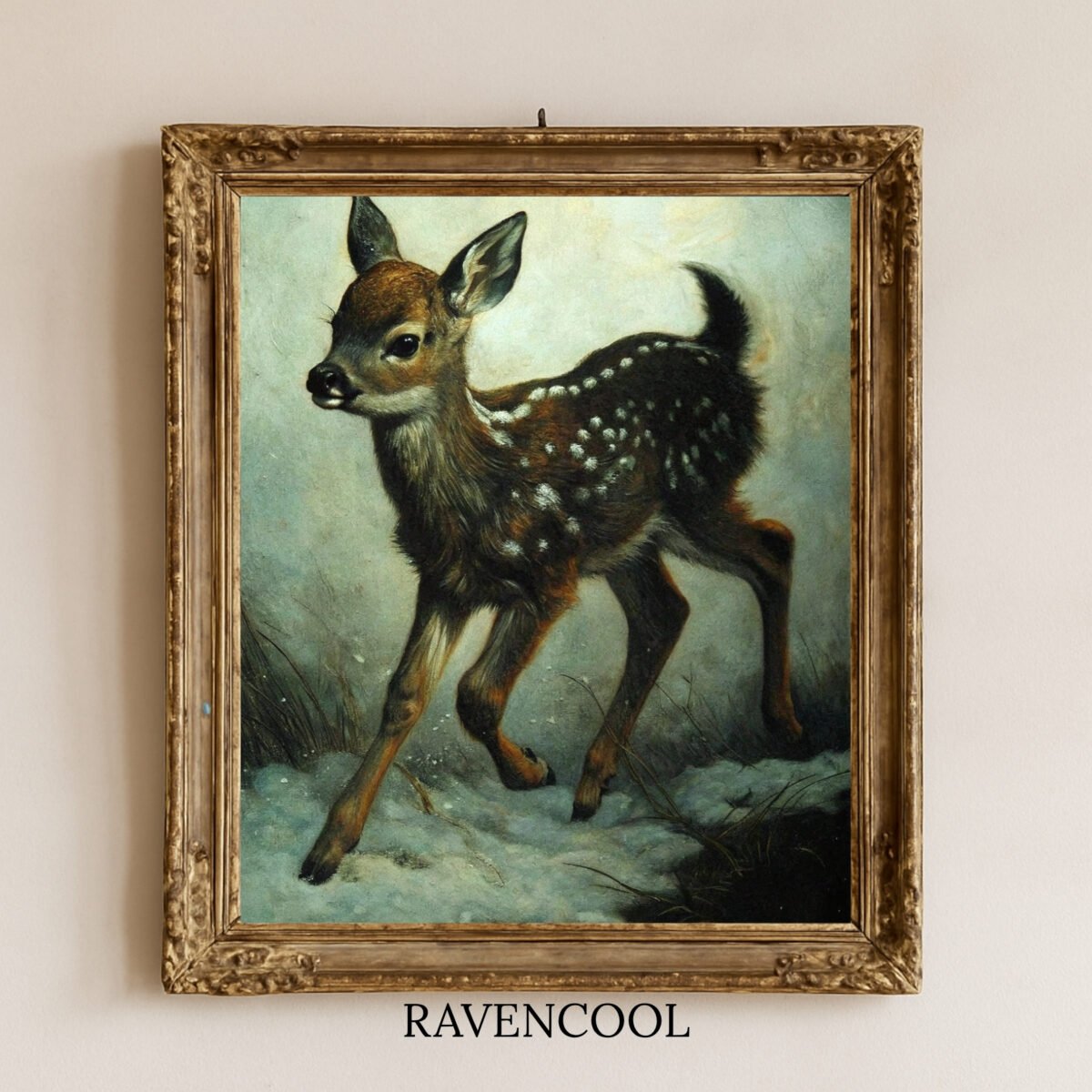 Charming Spotted Grace painting of a young deer in the snow, rustic woodland digital wall art.