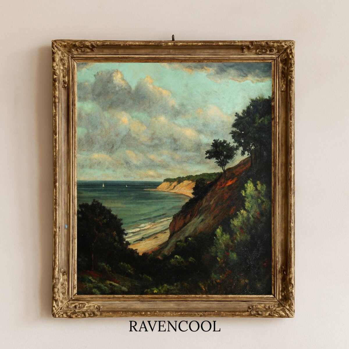 Coastal cliff seascape with ocean waves and sailboats, printable oil painting wall art, digital nautical decor.