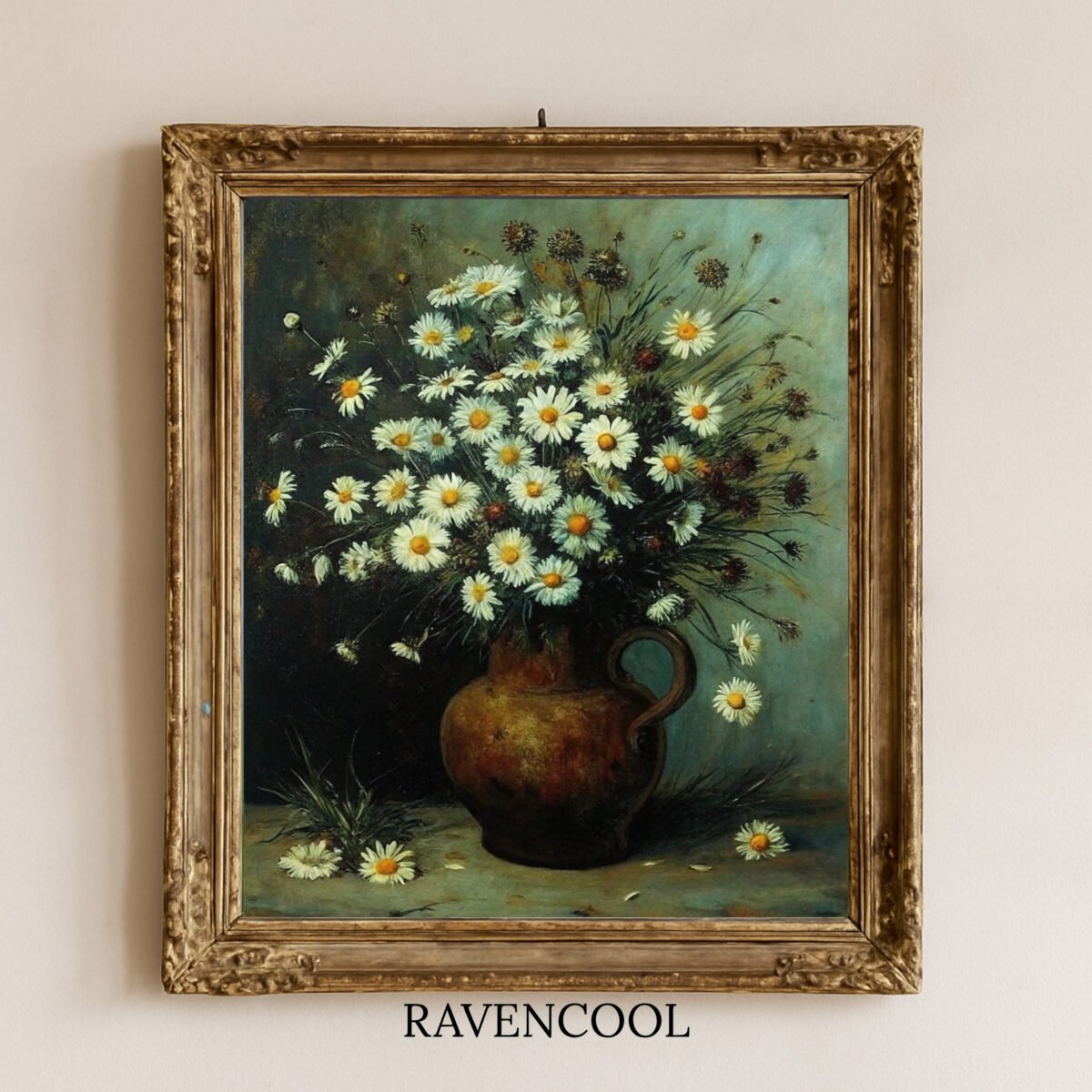moody flower painting, digital floral print, printable flower painting, vintage floral still life, rustic vase art, daisy flower painting, shabby chic floral print, cottagecore floral art, vintage botanical painting