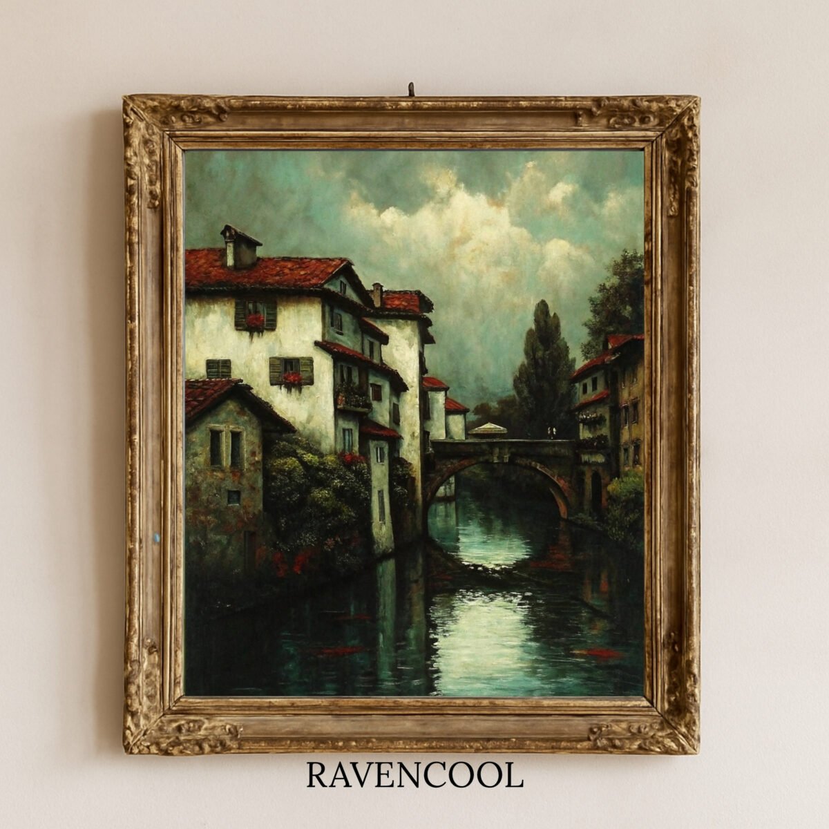 Evening Reflections Old Town Bridge digital art, vintage cityscape oil painting with riverside houses and stone bridge, European decor.