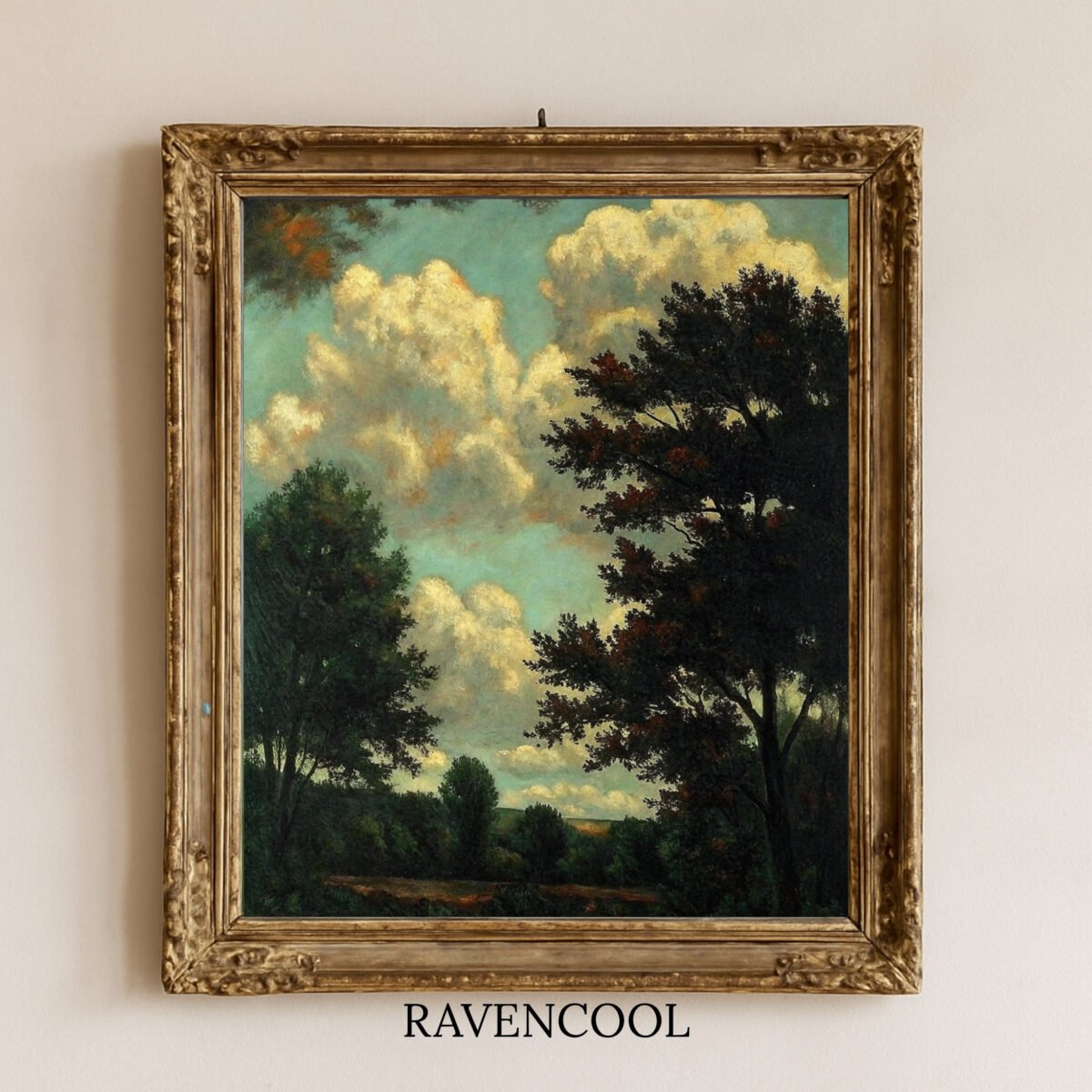 Breathtaking Clouds Painting Wall Art, vintage oil-style sky and landscape artwork, rustic nature-inspired décor.