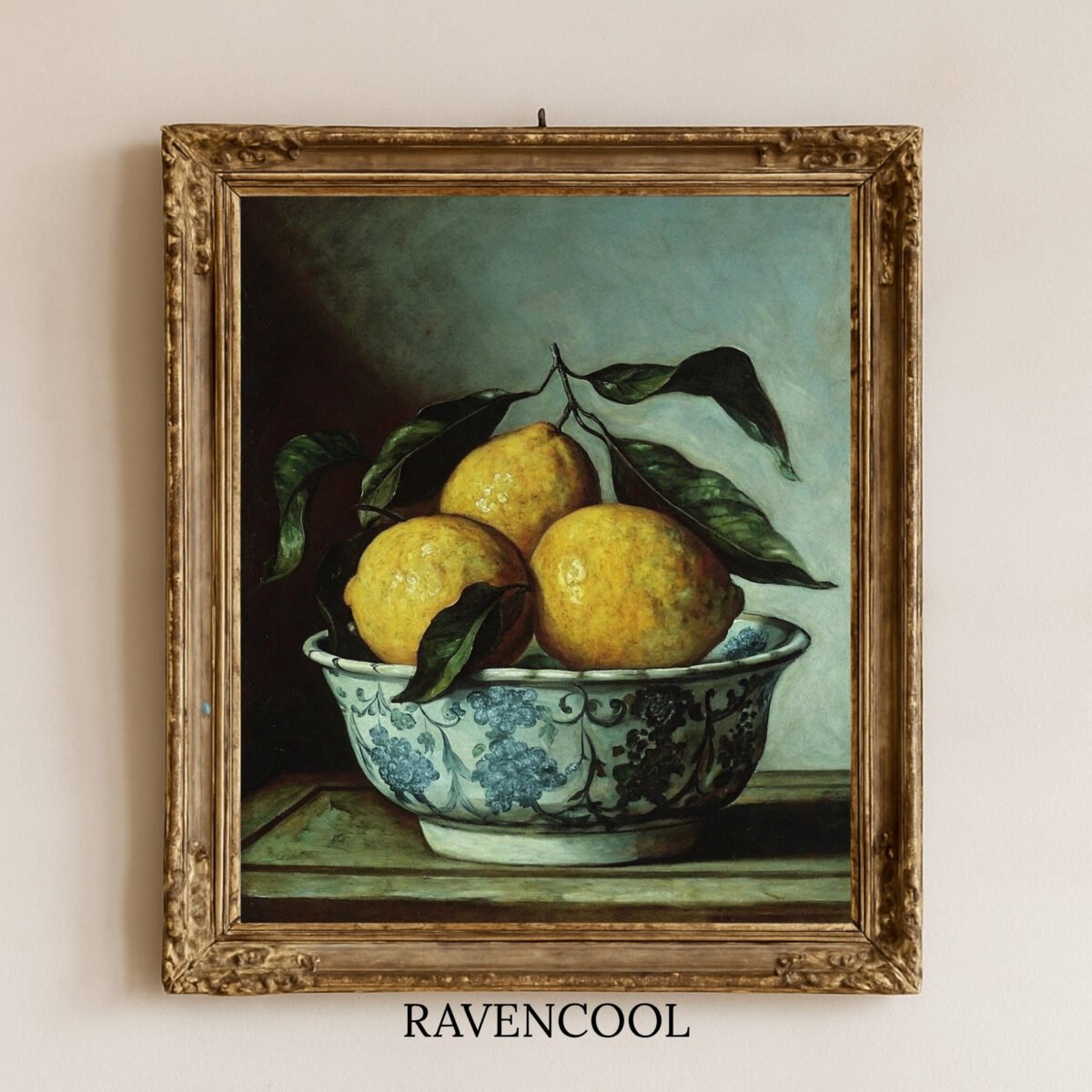 Vibrant Lemon Art Print, vintage still life of lemons in porcelain bowl, rustic kitchen decor.